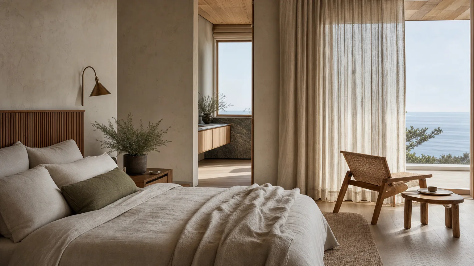 Primary suite with linen, oak, and softened sea view